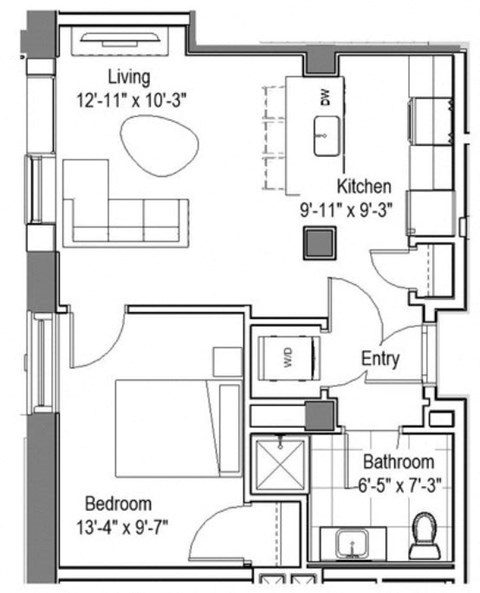 Floor plan for 1 bed, 1 bath, 532 sqft